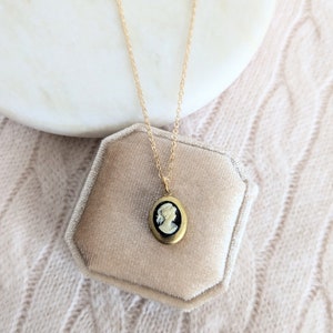 Small Dainty Lady Profile Cameo Locket, Cream on Black, Vintage Brass Oval Locket, Victorian Style, Personalised Birthstone Initial