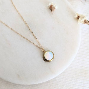 Dainty Vintage White Opal Moonstone Glass Locket, Small Gold Layering Locket, Personalised Custom Initial, Bridesmaids