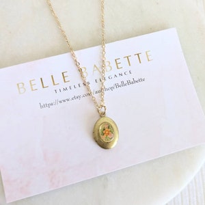 Small Dainty Vintage Floral Locket, Tiny Orange & Pink Flowers, Vintage Brass Oval Locket, Gold Layering, Personalised Birthstone Initial