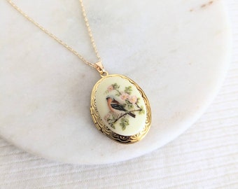 Vintage Garden Bird Locket, Victorian Style, Gold Layering Locket, Personalised Initial, Gift for Her