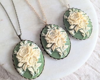 Vintage Green Floral Cameo Pendant, Antiqued Rose Necklace, Victorian Rose Cameo Necklace, Statement Necklace, Large Cameo, Gift for Her