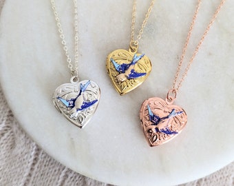 Patina Bluebird Heart Locket, Etched Victorian Style, Silver/Gold/Rose Gold, Personalised Locket Necklace, Heart Shaped Locket