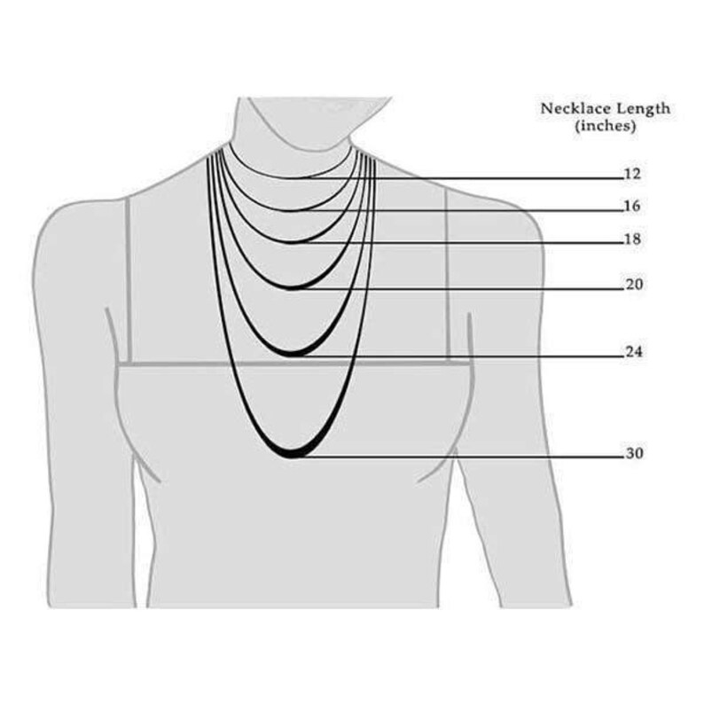 Puede incluir: Diagrama que muestra las longitudes de los collares en pulgadas. La imagen presenta una ilustraci&oacute;n en escala de grises de una persona con varias l&iacute;neas negras que representan diferentes longitudes de collar: 12, 16, 18, 20, 24 y 30 pulgadas (30,5, 40,6, 45,7, 50,8, 61 y 76,2 cm).