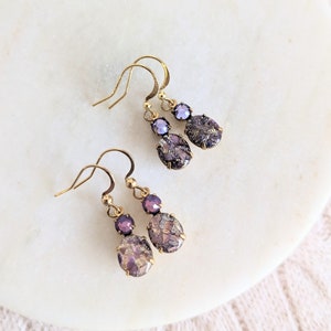 Amethyst Purple Fire Opal Vintage Glass Earrings, Crystal Rhinestone Earrings, Green Dragons Breath Opal, Dainty Gold Earrings