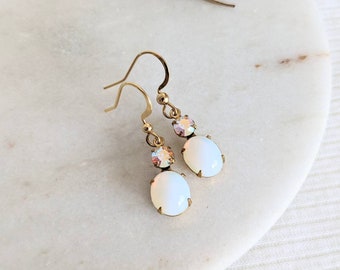 White Fire Opal Vintage Glass & Crystal AB Rhinestone Earrings, Small Gold Dangles, Bridal Bridesmaids White Dangles