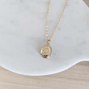 Dainty Etched Gold Oval Locket, Small Modern Locket Necklace, Personalised Birthstone Initial, Simple Layering Locket, Gift for Her image 2