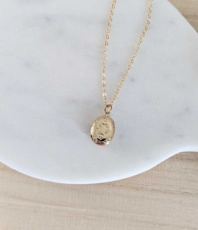 Dainty Etched Gold Oval Locket, Small Modern Locket Necklace, Personalised Birthstone Initial, Simple Layering Locket, Gift for Her image 2