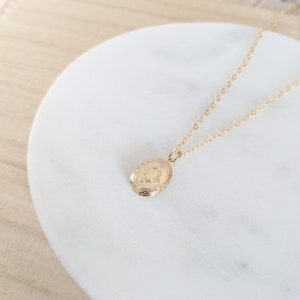 Dainty Etched Gold Oval Locket, Small Modern Locket Necklace, Personalised Birthstone Initial, Simple Layering Locket, Gift for Her image 3
