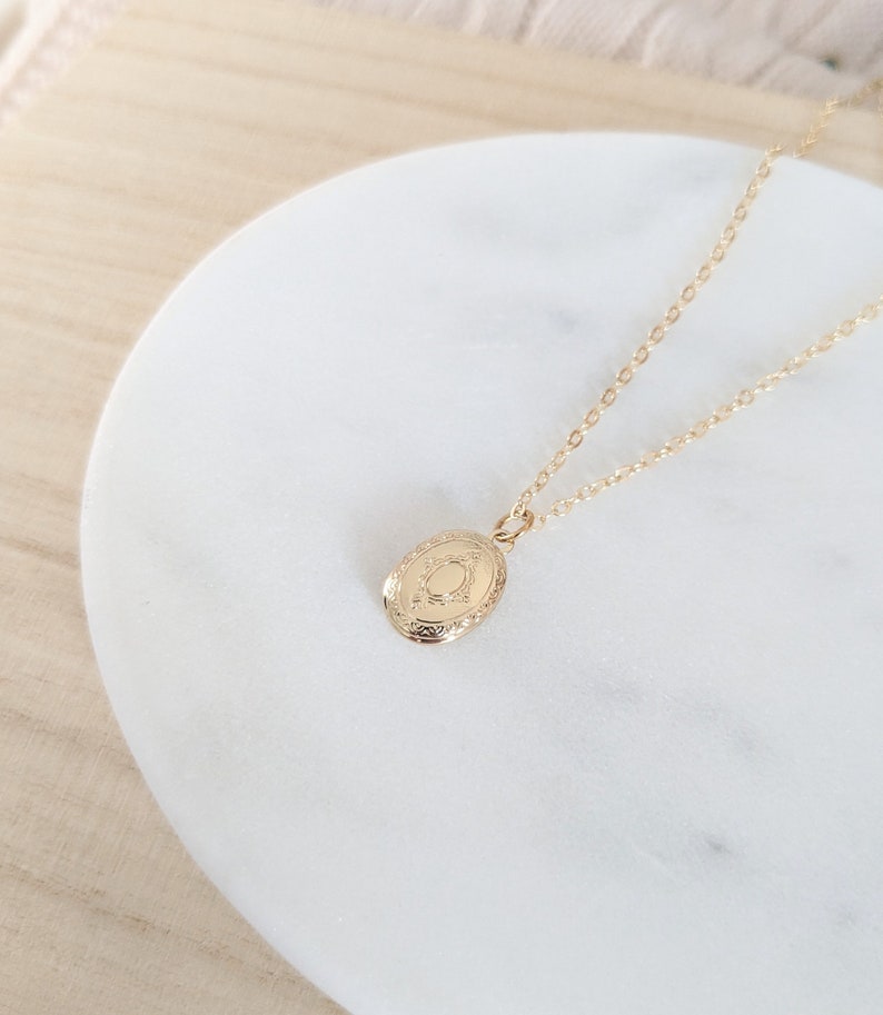 Dainty Etched Gold Oval Locket, Small Modern Locket Necklace, Personalised Birthstone Initial, Simple Layering Locket, Gift for Her image 3