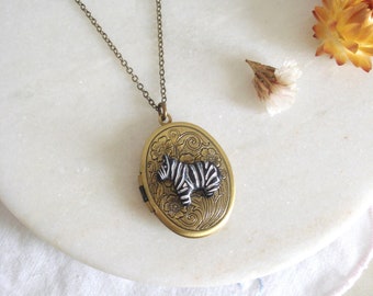 Art Nouveau Style Zebra Locket on Antiqued Brass Chain, Etched Floral Locket, Antiqued Bronze Locket, Personalised Initial, Vintage Style