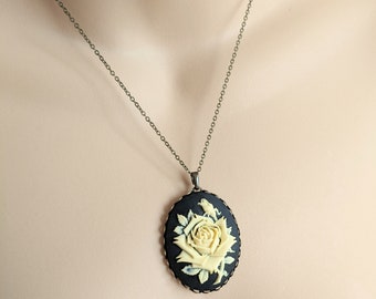 Cream & Black Rose Cameo Necklace, Large Cameo Pendant, Antiqued Victorian Necklace, Vintage Inspired Floral Jewelry