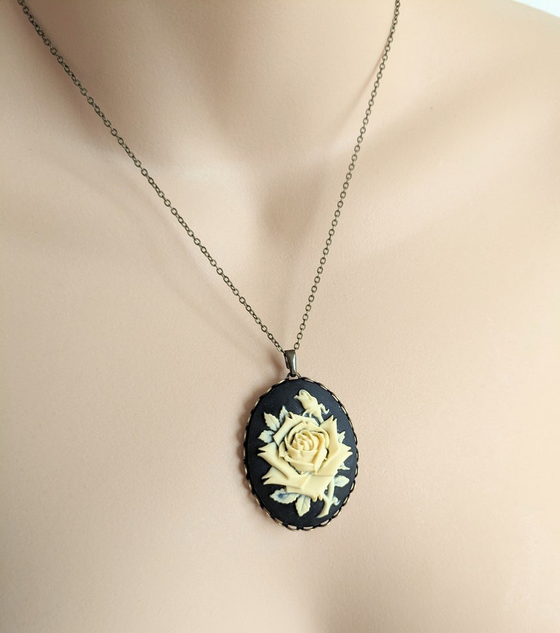 Cream & Black Rose Cameo Necklace, Large Cameo Pendant, Antiqued Victorian Necklace, Vintage Inspired Floral Jewelry Antiqued Brass