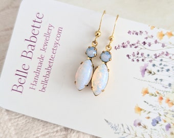 White Fire Opal & Blue Opal Rhinestone Earrings, Small Gold Navette Earrings, Vintage Glass Dangles, Crystal Jewel Drop