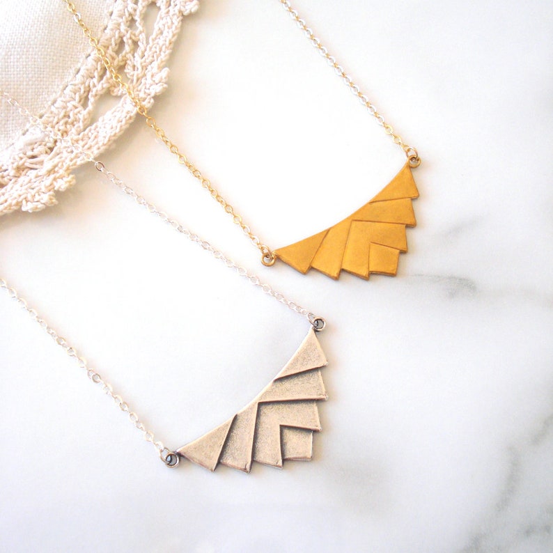 Gift for Her Geometric Chevron Necklace in Antiqued Silver or Gold Art Deco Inspired Layering Necklace