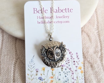 Antiqued Silver Wise Owl Locket, Victorian Inspired, Silver Layering, Round Sprig Locket, Personalised Initial