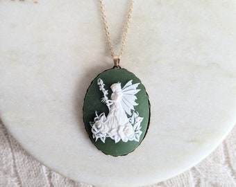 Queen of the Fairies Cameo Necklace, Fern Green Cameo Pendant, Antiqued Victorian Necklace, Vintage Inspired