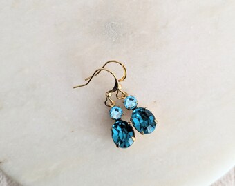 Blue Zircon Crystal & Aqua Rhinestone Earrings, Dainty Gold Earrings, Vintage Jewel, Small Drops