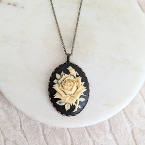 Cream & Black Rose Cameo Necklace, Large Cameo Pendant, Antiqued Victorian Necklace, Vintage Inspired Floral Jewelry image 2