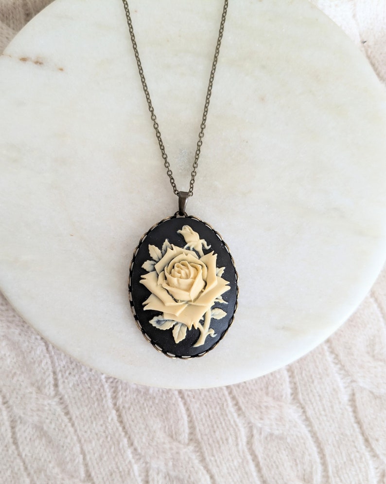 Cream & Black Rose Cameo Necklace, Large Cameo Pendant, Antiqued Victorian Necklace, Vintage Inspired Floral Jewelry image 2