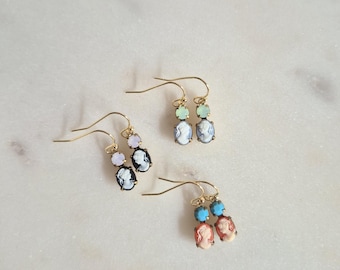 Dainty Lady Cameo Earrings, Vintage Jewel Rhinestone Drops