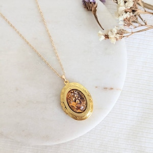 Topaz Fire Opal Vintage Glass Locket, Gold Layering, Personalised Initial Birthstone, Oval Gold Locket