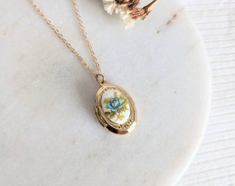 Gold Vintage Blue Rose Locket, Victorian Style Rose, Small Floral Locket, Gold Layering, Personalised Initial Birthstone, Gift for Daughter