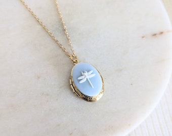 Small Light Blue Cameo Dragonfly Locket, Gold/Silver,  Personalised Initial Birthstone, Bridesmaids Gift