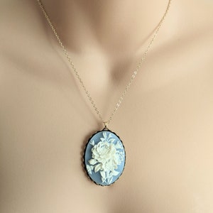 Vintage Blue Floral Cameo Pendant, Antiqued Rose Necklace, Victorian Rose Cameo Necklace, Statement Necklace, Large Cameo, Gift for Her