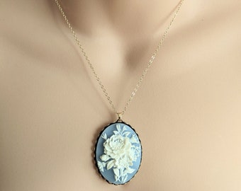 Vintage Blue Floral Cameo Pendant, Antiqued Rose Necklace, Victorian Rose Cameo Necklace, Statement Necklace, Large Cameo, Gift for Her