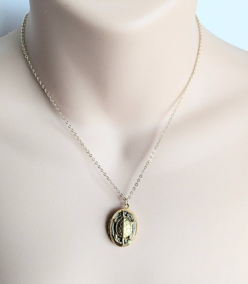 Small Gold Turtle Locket, Victorian Turtle Locket, Personalised Locket Necklace, Gold Layering, Gift for Her image 3