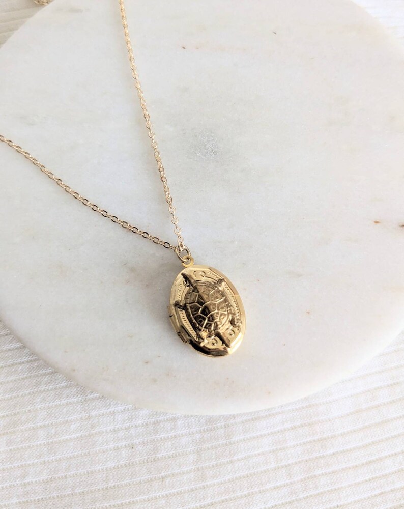 Small Gold Turtle Locket, Victorian Turtle Locket, Personalised Locket Necklace, Gold Layering, Gift for Her image 1