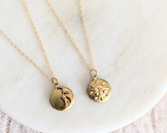 Dainty Celestial Locket, Sun Face or Moon Crescent, Little Vintage Inspired Locket, Gold Layering, Personalised Initial Birthstone