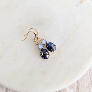 Dark Sapphire Blue Fire Opal Glass & Blue Opal Crystal Rhinestone Earrings on 14k Gold Filled, Dainty Gold Earrings