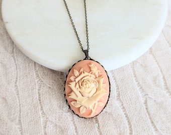 Elegant Rose Blossom Cameo Necklace, Large Peach Cameo Pendant, Antiqued Victorian Necklace, Vintage Inspired