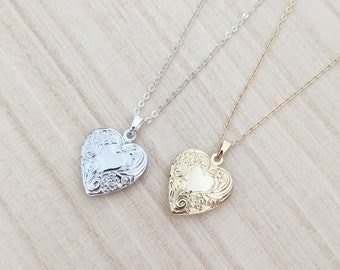 Intricate Heart Shaped Locket, Silver/Gold, Elegant Etched Locket, Personalised Birthstone Initial, Bridesmaids