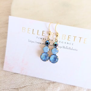 Ocean Blue Crystal Earrings, Blue Opal Iridescent Jewel Earrings, Dainty Stacked Rhinestone Earrings, Small Gold Earrings, Mermaid Blue (R3)