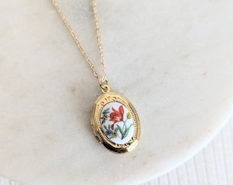 Small Orange Tulip Flower Locket, Vintage Floral Necklace, Gold Layering, Personalised Gift, Flower Girl, Gift for Girl