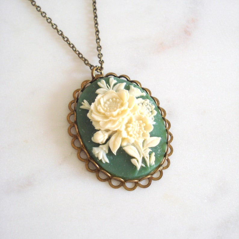 Antiqued Filigree Pendant Vintage Inspired Victorian Green Cameo Necklace Vintage Flower Cameo Gift for Her Cream Floral Roses Necklace