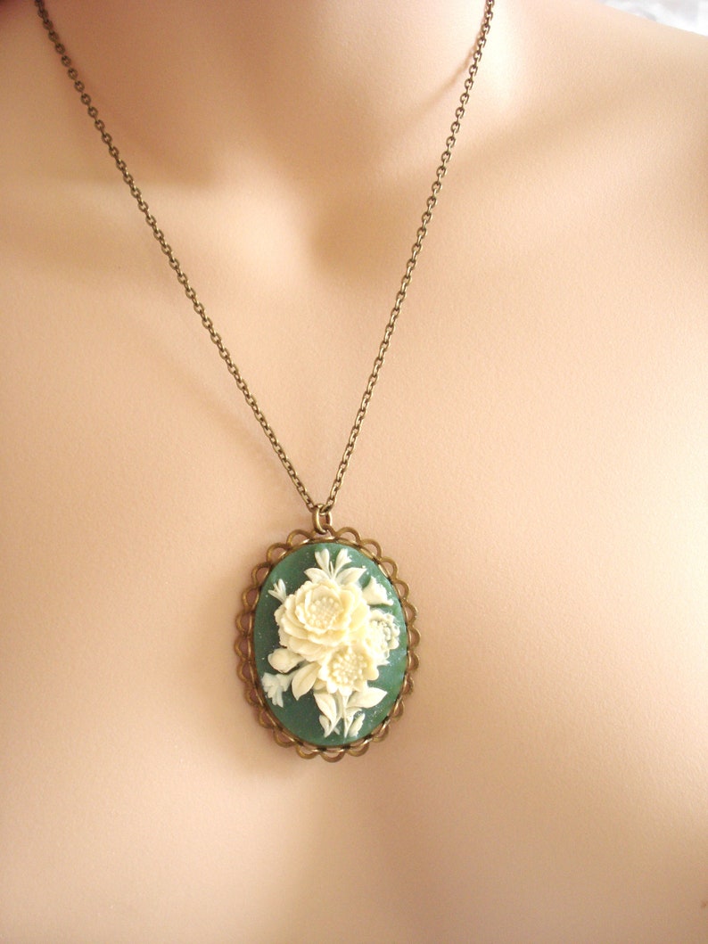 Antiqued Filigree Pendant Vintage Inspired Victorian Green Cameo Necklace Vintage Flower Cameo Gift for Her Cream Floral Roses Necklace