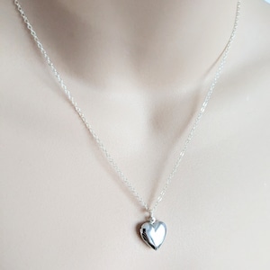 Puede incluir: Un collar con un colgante en forma de coraz&oacute;n plateado. El relicario cuelga de una fina cadena. El colgante en forma de coraz&oacute;n es liso y reflectante, con un dise&ntilde;o de bisagra. El collar se muestra sobre un fondo neutro.