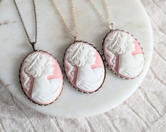 Victorian Woman Profile Cameo Pendant, Romantic Pink, Antiqued Necklace, Victorian Inspired, Statement Necklace, Gift for Her