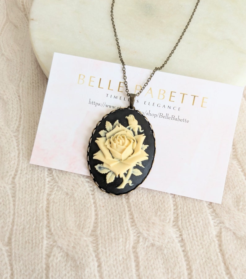 Cream & Black Rose Cameo Necklace, Large Cameo Pendant, Antiqued Victorian Necklace, Vintage Inspired Floral Jewelry image 3