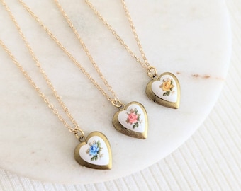 Dainty Floral Rose Heart Locket, Blue/Pink/Yellow, Vintage Rose, Personalised Initial Birthstone, Small Gold Layering Locket, Gift Locket
