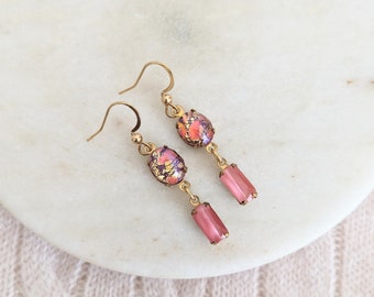 Ruby Pink Fire Opal & Pink Moonstone Glass Drop Earrings, Vintage Rhinestones, Dragons Breath