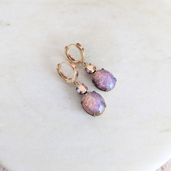 Vintage Pink Fire Opal & Crystal Aurora Borealis Huggie Earrings, Vintage Jewel Rhinestones, Statement Earrings