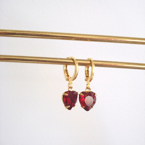 Siam Red Crystal Heart Huggie Earrings, Small Gold Huggies, Vintage Jewel Rhinestone Hoop Earrings, Small Drop Earrings