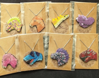 Hand Embroidered Dinosaur Pendants with 28 Inch Stainless Steel Chain jewellery/ gift for her/ gift for him/ wearable/ ready to ship