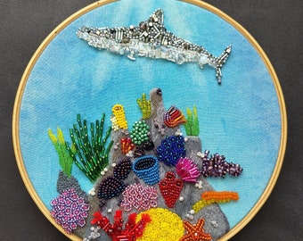 Beaded Embroidery Art Piece Shark And Coral, Gift for her, ready to ship, gift for him, handmade, wall hanging