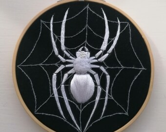 Ethereal White Spider 6 Inch Hand Embroidered Art Piece.