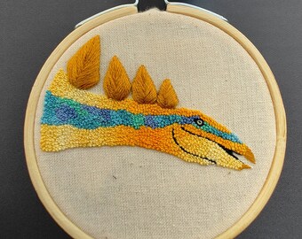 Mini 3 Inch Stegosaurus Hand Embroidered hoop art/ ready to ship gift for her gift for him home decor dinosaur hand made